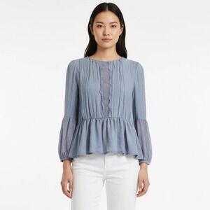 Free People Blue Crochet Lace Swiss Dot Peplum Blouse Long Sleeve‎ Top Size M